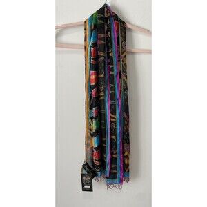 Laurel Burch Rectangular Silk Scarf Female 11"x54" Beaded Boho Art To Wear